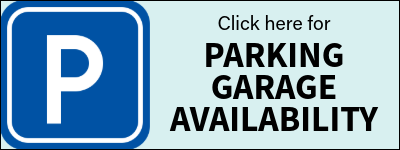 Rectangular blue button with the words "Click here for Parking Garage Availability"