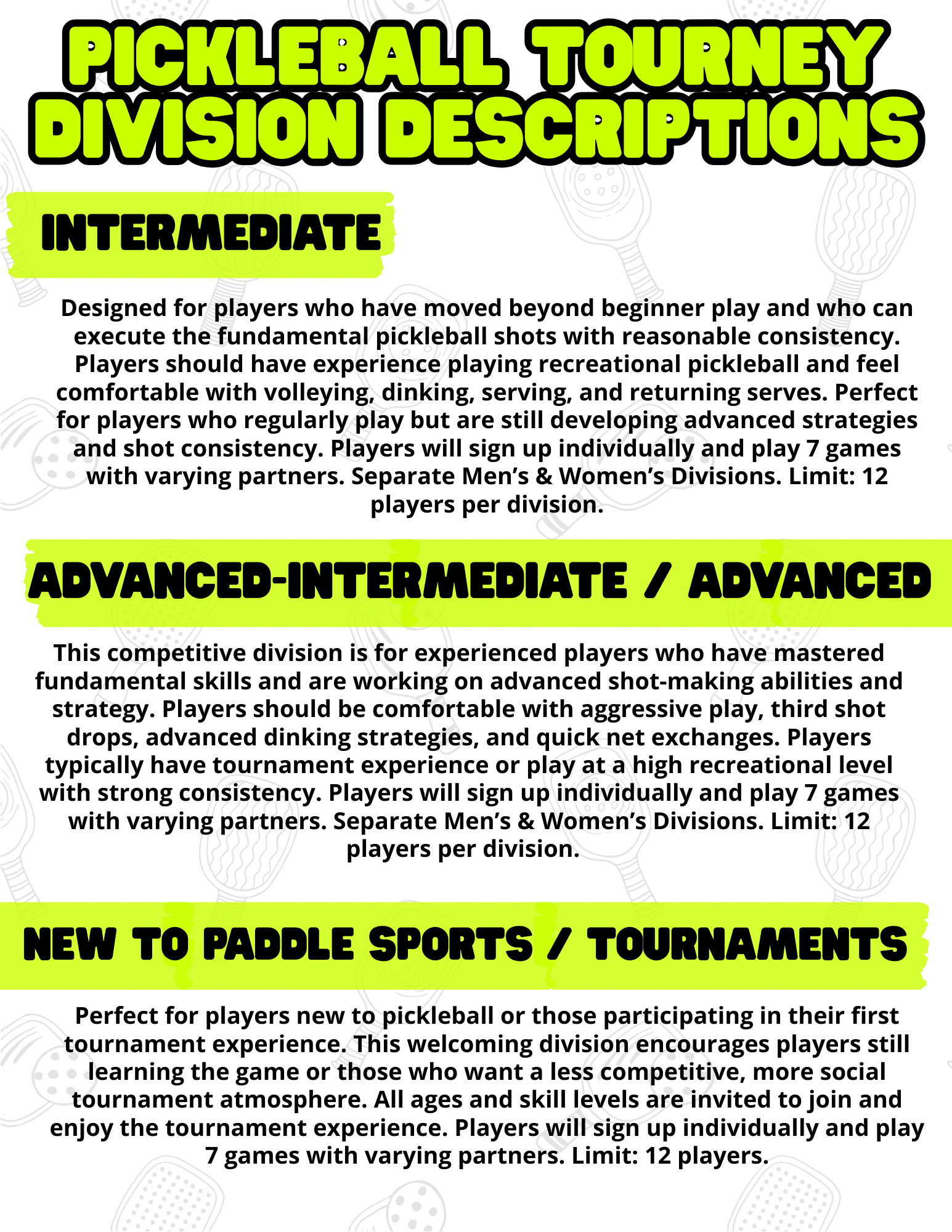 Pickleball Tournament Division Descriptions 1